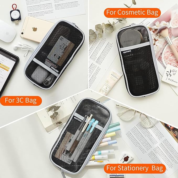 EASTHILL Grid Mesh Pen Pencil Case with Zipper Clear Makeup Color Pouch Cosmetics Bag Multi-Purpose Travel School Teen Girls Transparent Stationary Bag Office Organizer Box for Adluts(Black) Boys