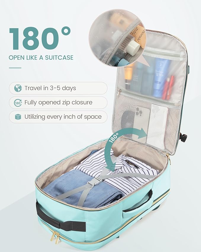 LOVEVOOK Travel Backpack for Women & Men 50L,Airline Approved Carry On Backpack Travel Essentials,TSA Carry on Luggage,Waterproof Personal Item Travel Bag,Suitcase with 3 Packing Cube,Mint green-Black