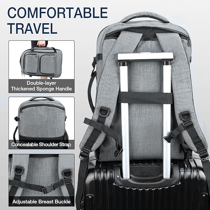 Dinictis Travel Backpack Carry on Flight Approved, Backpack Suitcase for Travel, Personal Item Travel Bag fits 17 inch Laptop- Grey