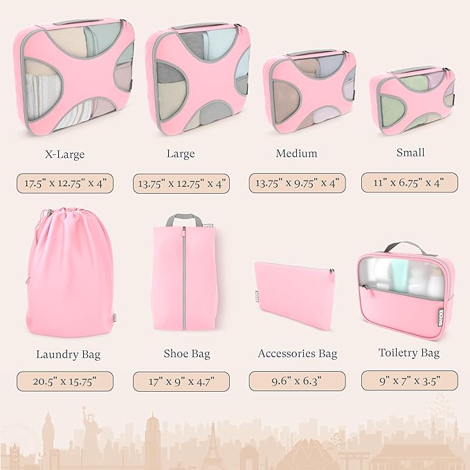 Shacke Packing Cubes for Travel 8 Set - Compression Luggage Organizer Bags - Versatile Travel Organizer for Women and Men - Optimized Packing Bags - Travel Essentials (Summer Pink)