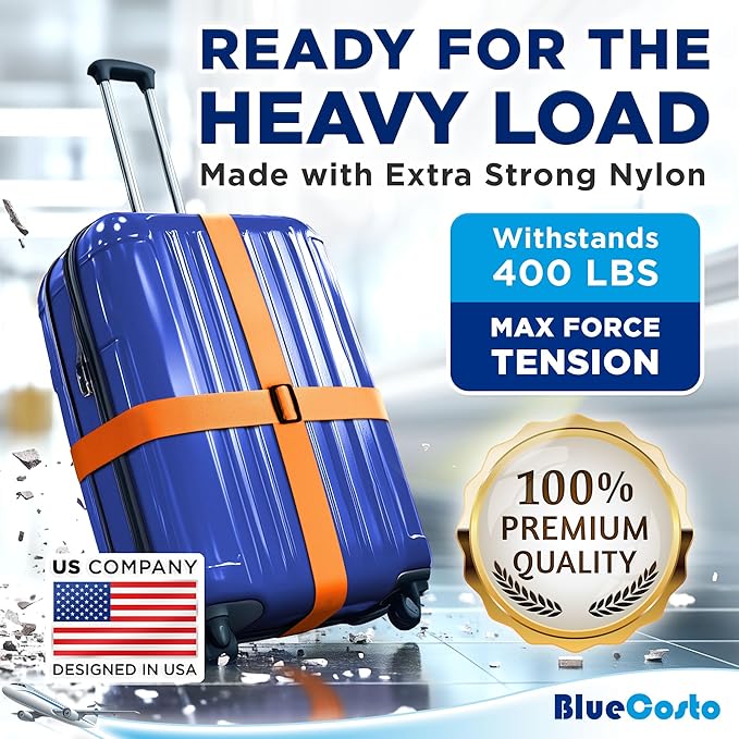 Luggage Straps for Suitcases - TSA Approved - Orange, 4 PK - Premium Nylon Belts for Suitcase, Briefcase & Travel Bag - Adjustable Strap Length 46" - 78"