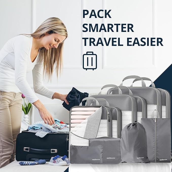Compression Packing Cubes 10 Set, Compressible Space-Saving Packing Cubes for Travel - Compression Bags, Luggage Organizer, Travel Essentials for Women, Grey