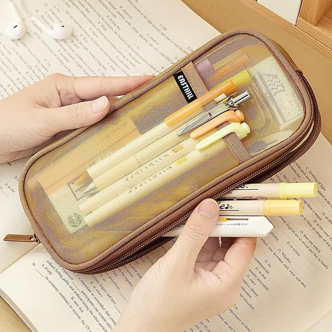 EASTHILL Grid Mesh Pen Pencil Case with Zipper Clear Makeup Color Pouch Cosmetics Bag Multi-Purpose Travel School Teen Girls Transparent Stationary Bag Office Organizer Box for Adluts(Khaki)