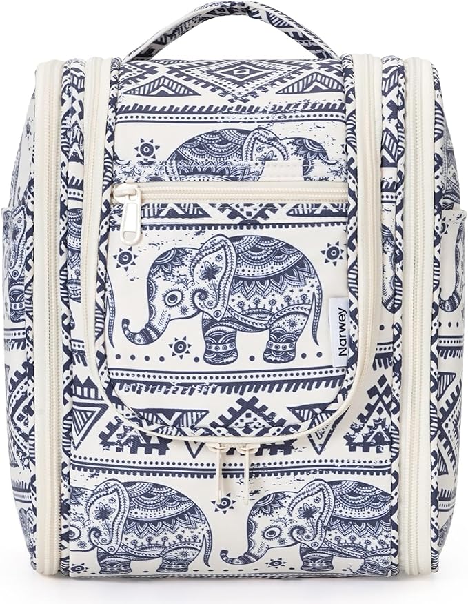 Narwey Small Hanging Toiletry Bag Women Travel Makeup Bag Organizer Toiletries Bag for Travel Size Essentials Accessories Cosmetics (Medium, Elephant)