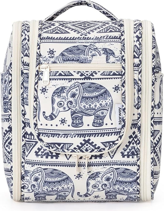Narwey Small Hanging Toiletry Bag Women Travel Makeup Bag Organizer Toiletries Bag for Travel Size Essentials Accessories Cosmetics (Medium, Elephant)