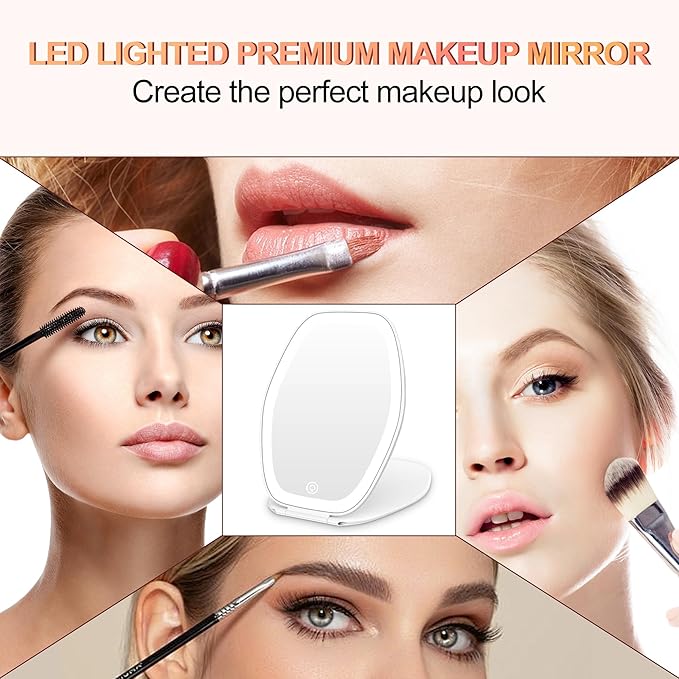 COSYGLOW Travel Makeup Mirror with Light: 3 Color Lighting Portable Mirror with Touch Screen Rechargeable Adjustable LED Lights Hexagon Vanity Mirror for Travel, Desk, Home (White)