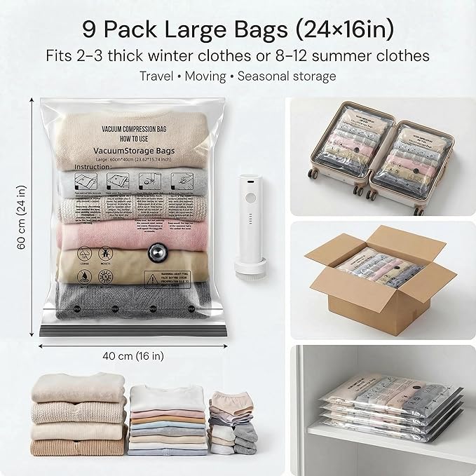 Vacuum Seal Bags for Clothing: 9 Pack Small Travel Vacuum Bags for Luggage with Rechargeable Electric Pump - Space Saver for Carry-On Packing