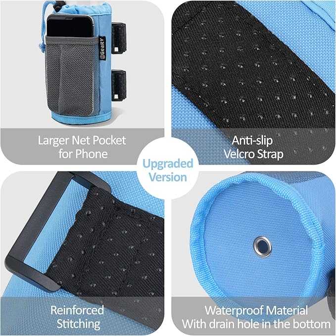 GEARV 2Pack Cup Holder for Bike, Scooter and Wheelchair, Water Bottle Holder for UTV/ATV, Walker, Golf Cart and Beach, Universal Drink Holder Accessories with Net Pocket and Cord Lock (Ocean Blue)