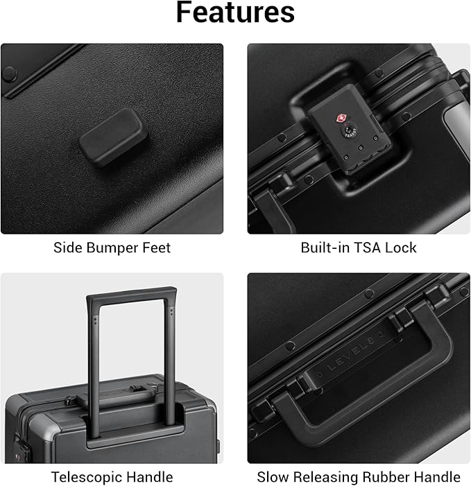 LEVEL8 Zipperless Carry On Suitcase Airline Approved with Aluminum Frame, Hard Shell Luggage with Spinner Wheels, Metal Travel Luggage with Packing Organizers, 20 Inch, Black