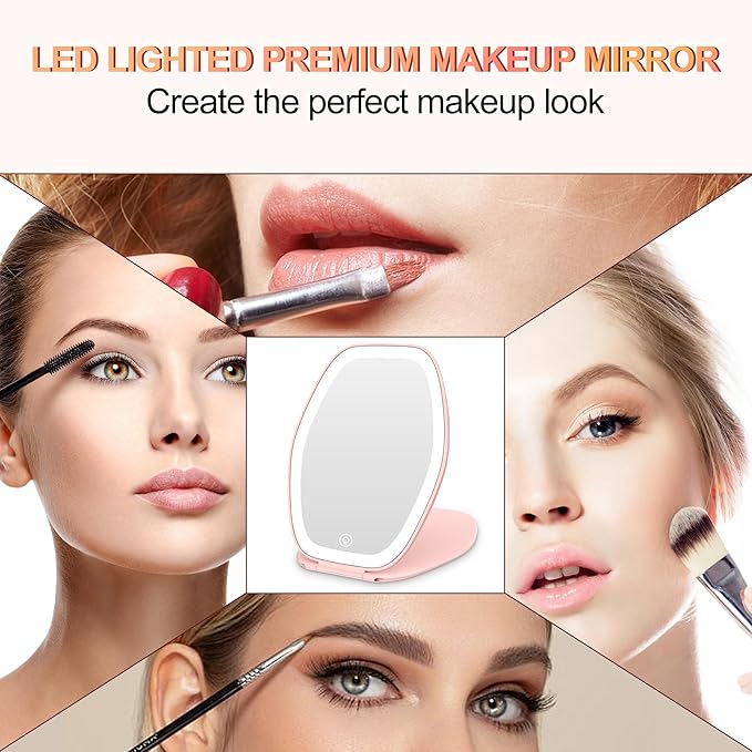 COSYGLOW Travel Makeup Mirror with Light: 3 Color Lighting Portable Mirror with Touch Screen Rechargeable Adjustable LED Lights Hexagon Vanity Mirror for Travel, Desk, Home (Pink)