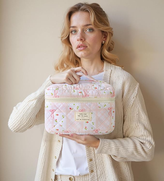 HBselect Quilted Makeup Bag, 3PCS Cotton Large Travel Makeup Bag, Cute Floral Coquette Make up Bag Cosmetic Bag Toiletry Bag for Women Girls