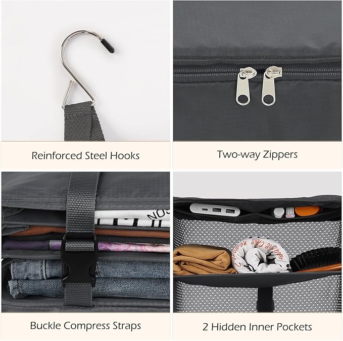 Surblue Hanging Closet Storage Bag Collapsible 3-Shelf Washable Oxford Fabric with 2 Hooks (XL 17.71 * 11.81 * 20in, Grey)