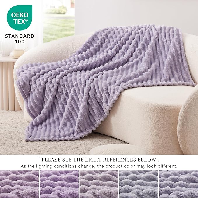 EXQ Home King Size Blanket for Bed or Couch - 3D Stripe Jacquard Decorative Fleece Blankets - Cozy Soft Lightweight Fuzzy Flannel Blanket Suitable for All Seasons(90"×108",Light Purple)