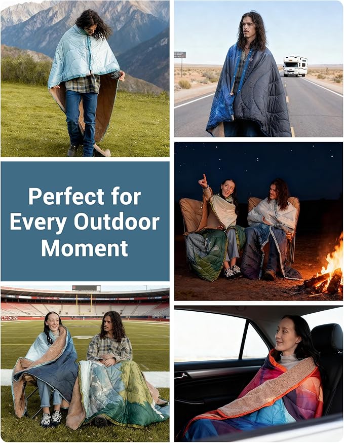 KingCamp Large Camping Blanket with Sherpa Lining, Packable Down Alternative Puffy Printed Wearable Blanket with Snap Buttons, Warm Weatherproof Quilt for Outdoor Travel (79" L x 57" W, Cyan)