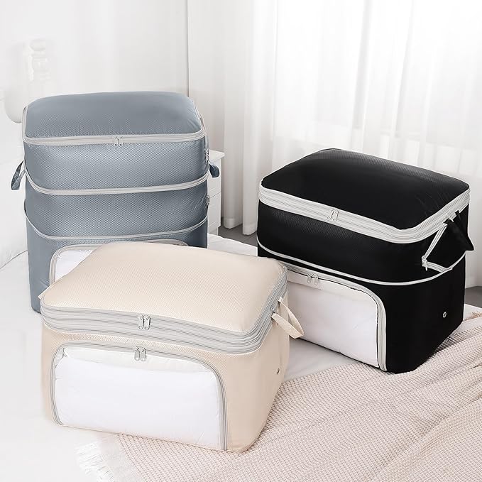 Comforter Storage Bag - 130L Blanket Storage Bags Front-opening Ultra Space Saving Self Compression Organizer, Washable Compression Bags for Storage Comforter Blanket, 1 Pack, Grey