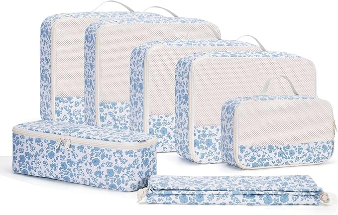 Narwey 7 Set Floral Packing Cubes for Travel Carry on Suitcase Luggage Organizer Bags for Kids Women Men, Durable Packing Organizers Bag, Travel Essentials Accessories (Blue Flower)