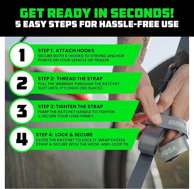 Rhino USA Ratchet Straps Tie Downs (4-Pack) - 1 Inch x 15 Feet (1,823lb Break Strength) - Ultimate Tie Down Straps with Safety S Hooks - for Trucks, Cargo, Moving, Appliances - Grey