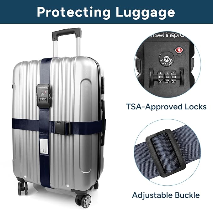 Travel Inspira Luggage Straps TSA Approved, 2 Pack Navy Blue Suitcase Straps with TSA Lock, Heavy Duty Adjustable Cross Travel Belt, Locking Bag Straps for Suitcases, Anti-Theft Travel Gear