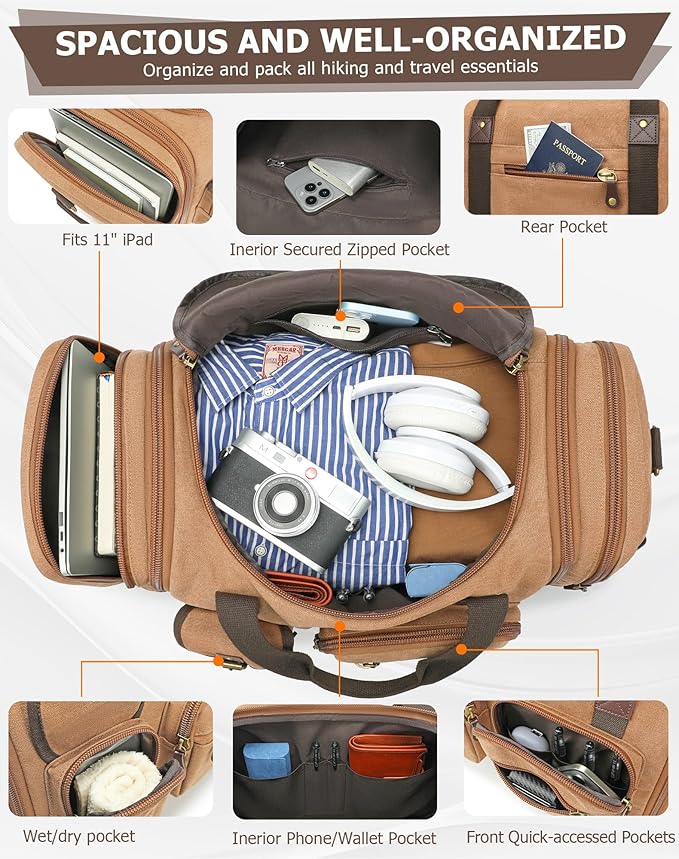 Canvas Duffle Bag for Travel, 55L Weekender Overnight Bag for Men & Women, Vintage Carry on Bags for Airplanes