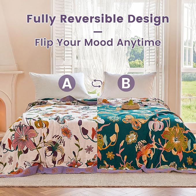 MSGKV Boho Throw Blanket 60"x80" Floral Blanket for Bed Couch 100% Cotton Spring Breathable Lightweight Farmhouse Twin Blankets All Seasons Home Decor Muslin