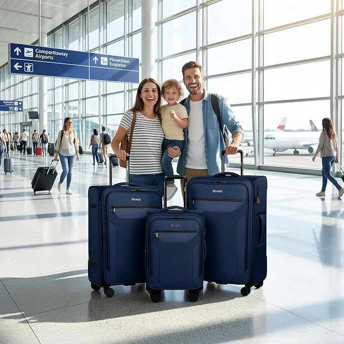 3PCS Set Softside Luggage Sets w/ Spinner Wheels,Expandable 20% Suitcase Upright Spinner Softshell w/TSA LOCK, Lightweight Durable Rolling Travel Luggage Set for Men/Women（Navy,22in/28in/32in）