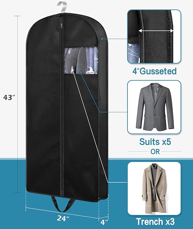 KIMBORA 43" Suit Bags for Closet Storage and Travel, Gusseted Hanging Garment Bags for Men Suit Cover With Handles for Clothes, Coats, Jackets, Shirts（3 Packs）