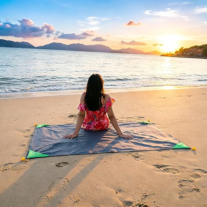 Pocket Blanket 71"x55", Lightweight Compact Sandproof Waterproof Outdoor Blanket for Beach, Hiking, Camping, Travel, Festivals, Picnic with Pockets, Loops, Stakes, Carabiner
