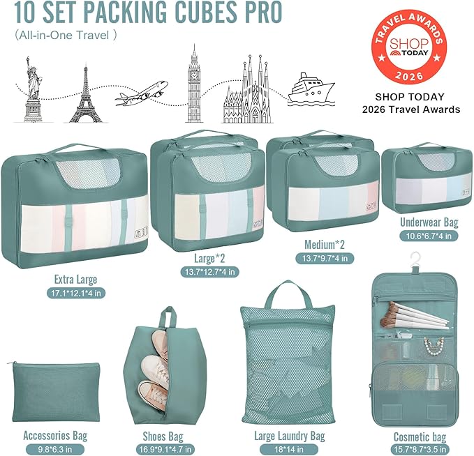 Veken 10 Set Packing Cubes for Travel Essential, Suitcase Organizer Bags in 4 Sizes, Carry-On Luggage Accessories with Large Laundry & Hanging Toiletry Bag, Must-Have for Airplane, Road Trip & Camping
