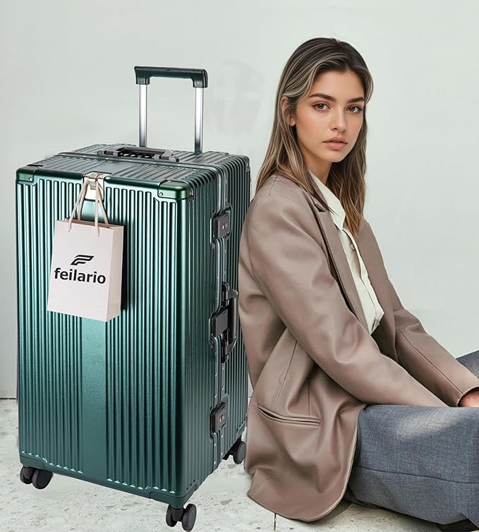 feilario 30in Super Large Captain Aluminum Frame Hardside Spinner Wheels Luggage, Removable Wheels Zipperless Checked Suitcase with Cup Holder/Phone Holder (Forest Green,30in)