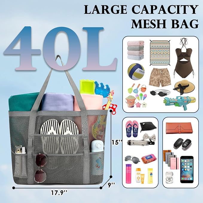 Fammart Mesh Beach Bag, Large Beach Tote with Zipper Pocket, Toys Pool Bag for Family Travel Vacation Cruise Essentials