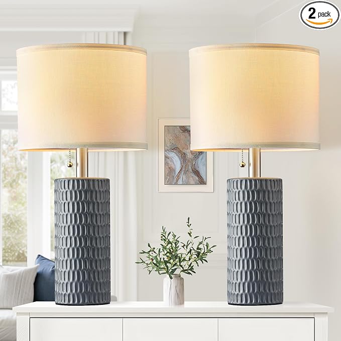 Reaketon Table Lamps for Living Room Set of 2, Ceramic Table Lamps for Bedroom, 20" Modern Lamps for Night Stands, Grey
