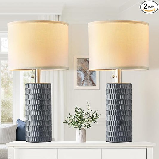 Reaketon Table Lamps for Living Room Set of 2, Ceramic Table Lamps for Bedroom, 20" Modern Lamps for Night Stands, Grey