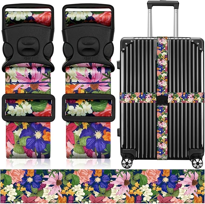 2 Pack Luggage Straps for Suitcases, Adjustable Travel Belt with Double Lock and Quick Release Buckle, Heavy Duty Nylon Bag Packing Strap, Bright Identifiers Business Travel Accessories-Flower Garden