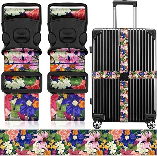 2 Pack Luggage Straps for Suitcases, Adjustable Travel Belt with Double Lock and Quick Release Buckle, Heavy Duty Nylon Bag Packing Strap, Bright Identifiers Business Travel Accessories-Flower Garden