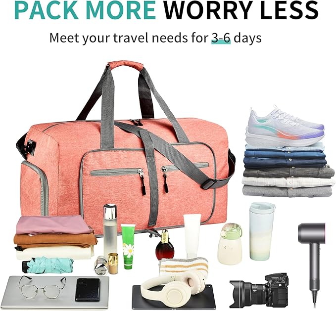 Dimayar 65L Travel Duffle Bag for Men Women - Foldable Duffel Bag with Shoes Compartment - Overnight Bags Waterproof & Tear Resistant(Orange)