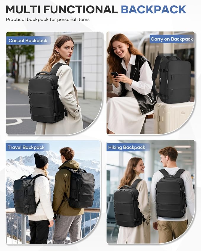 Vacuum Travel Backpack with Pump Women,Personal Item Carry on Backpacks Flight Approved 18x14x8 inches Men,Laptop Waterproof Work Compression bags Casual Daypack Mochila de Viaje Compresion al Black