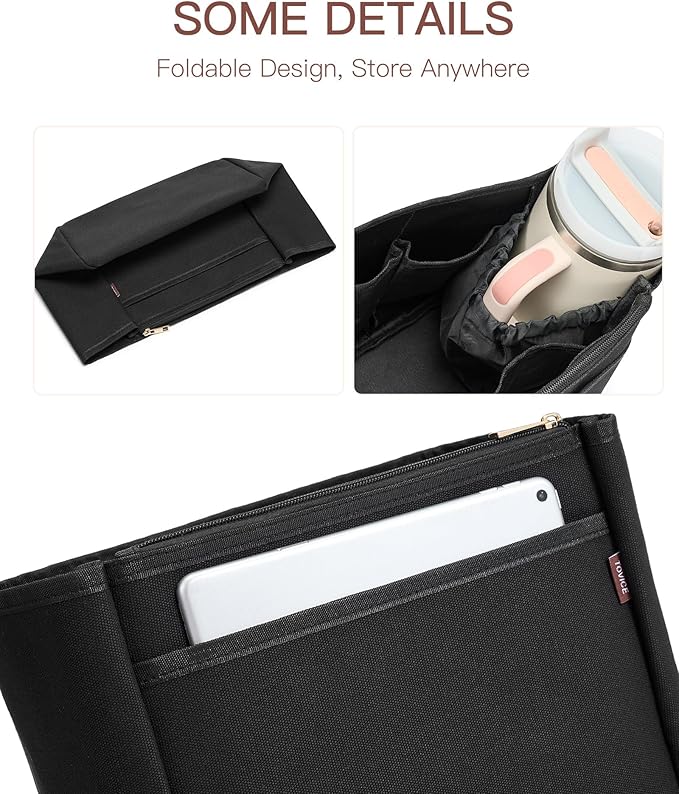 TOVICE Tote Bag Organizer Insert with Stanley Cup Holder and Zipper Bag, Compatible with Neverfull, Saint Louis and More, 9 Pockets (Black, Large)