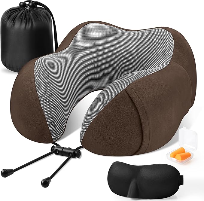 CloudBliss Travel Pillow Premium Memory Foam, Comfortable & Supportive Neck Pillow, Sleeping Neck Pillows for Travel, Airplane Pillow for Sleeping Airplane, Car, Office and Home（Brown）