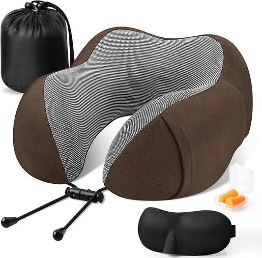 CloudBliss Travel Pillow Premium Memory Foam, Comfortable & Supportive Neck Pillow, Sleeping Neck Pillows for Travel, Airplane Pillow for Sleeping Airplane, Car, Office and Home（Brown）