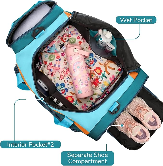 WOOMADA Kids Duffle Bag for Boys or Girls,Weekender Overnight Bag with Shoe Compartment & Wet Pocket Perfect For School, Sports, Overnight Trips(Teal Blue)