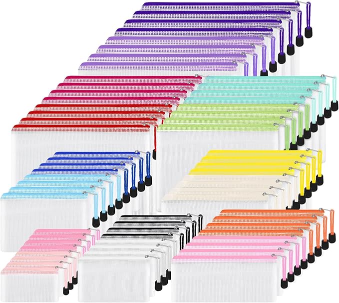EOOUT 64pcs Mesh Zipper Pouch Bags, 8 Sizes Plastic Bags, 15 Colors Waterproof Pouches with Slide Fastener for Organization, Multipurpose for Travel, School Supplies, Office and Home Organization