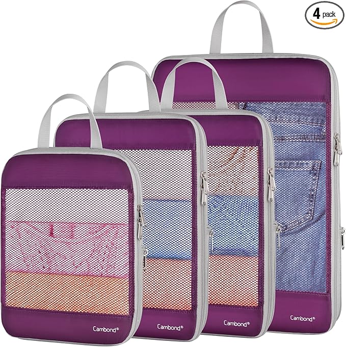 Cambond See Through Mesh Compression Packing Cubes - 4 Piece Expandable Space Saving Packing Cubes for Travel, Lightweight Travel Bags Luggage Packing Organizer Essentials for Suitcases, Purple