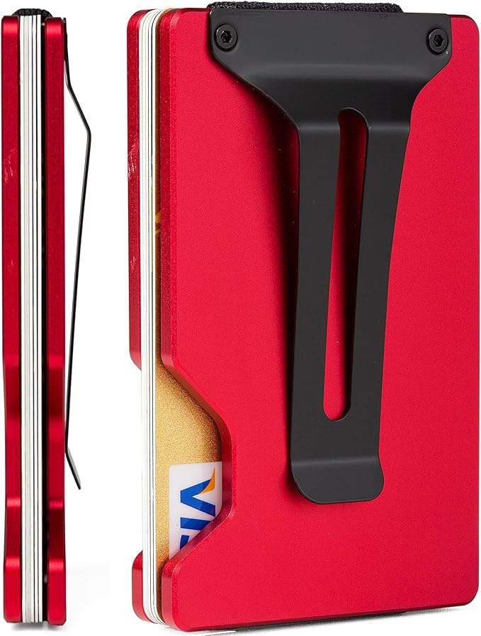 Carbon Fiber Minimalist Wallet for Men Credit Card Holder Money Clip & Cash Strap Slim RFID Mens Wallets(Matte Red)