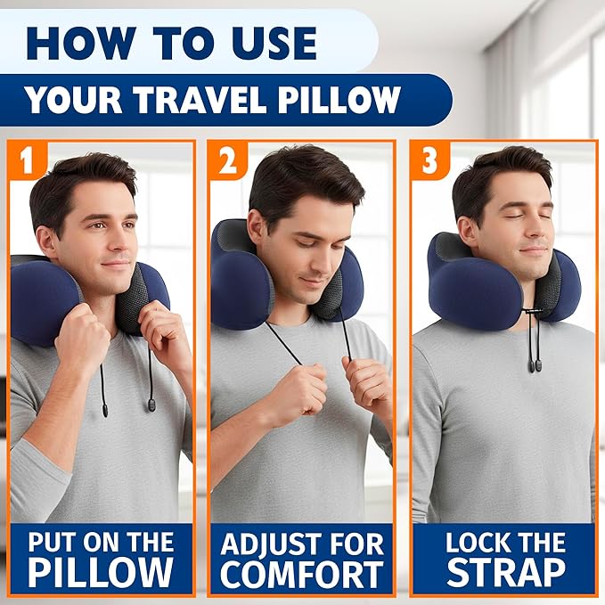Neck Pillow for Plane Travel – 4-in-1 Kit | Adjustable Blue Memory Foam Neck Support Pillow, Eye Mask, Earplugs, & Cover | Cozy, Washable Cotton Cover with Secure Buttons – Comfort Traveling
