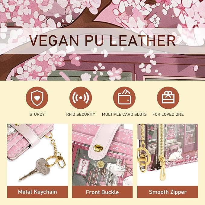 Jogjam Cute Kawaii White Cats Rfid Ladies Wallet, Small Credit Card Women Wallet, Japanese Dessert House PU Leather Bifold Cash Zipper Coin Pocket for Female