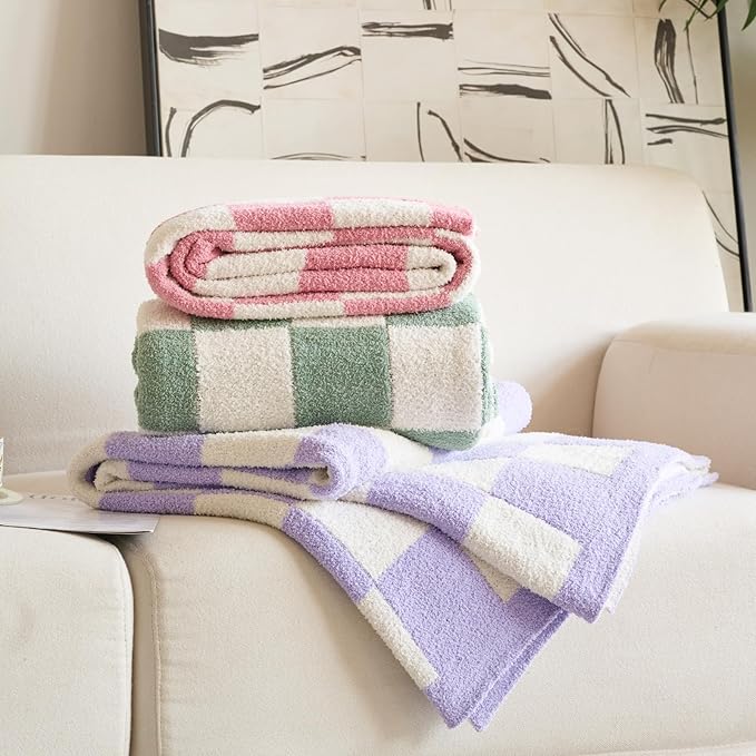 Checkered Blanket, Cozy Soft Throw Blankets for Couch Bed, Fluffy Plaid Lightweight Comfy Travel Picnic Blanket Gifts for Sofa Chair Living Room Camping (Checkered Pink, Throw 50"x60")