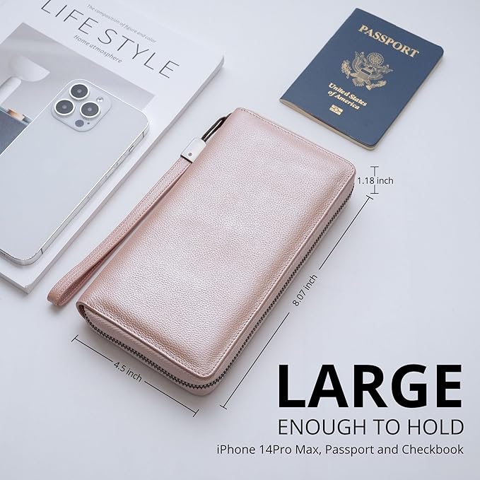 Bveyzi Women RFID Blocking Wallet Leather Zip Around Phone Clutch Large Capacity Ladies Travel Purse Wristlet | RFID Blocking, Zip Around, Large Capacity