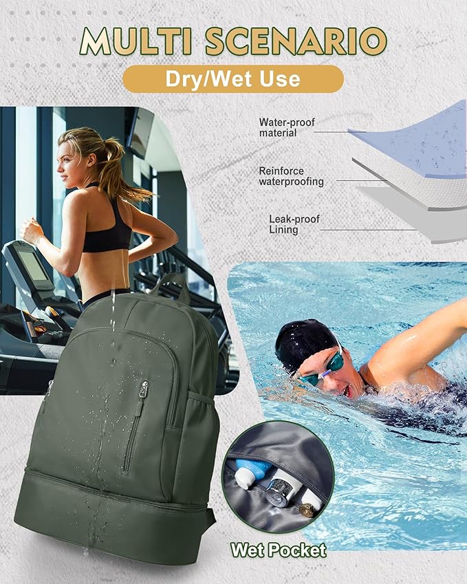 Gym Backpack for Women Men, Lightweight Gym Bag with Shoe Compartment, Waterproof Sports Backpack with Wet Pocket, Green