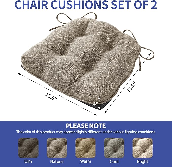 Chair Cushions for Dining Chairs Set of 2, Kitchen Chair Cushions, Chair Pads with Ties and Non Slip Backing, Tufted Memory Foam Seat Cushion 2 Pack, 15.5" x 15.5" x 4", Khaki