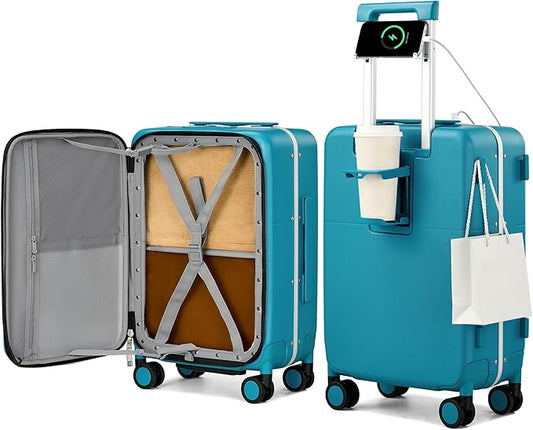 Hanke 20 Inch Top Opening Carry On Luggage, Hard Shell Suitcase with Cup Holder,USB Charging Port, Aluminum Frame with TSA Lock, 8 Spinner Wheels, Dry-Wet Separation Removable Dividers,Caribbean Blue
